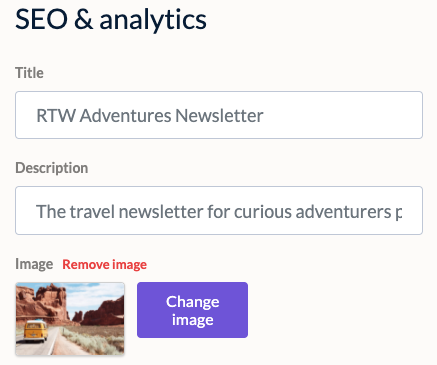 SEO and meta detail options available in EmailOctopus' free landing page builder
