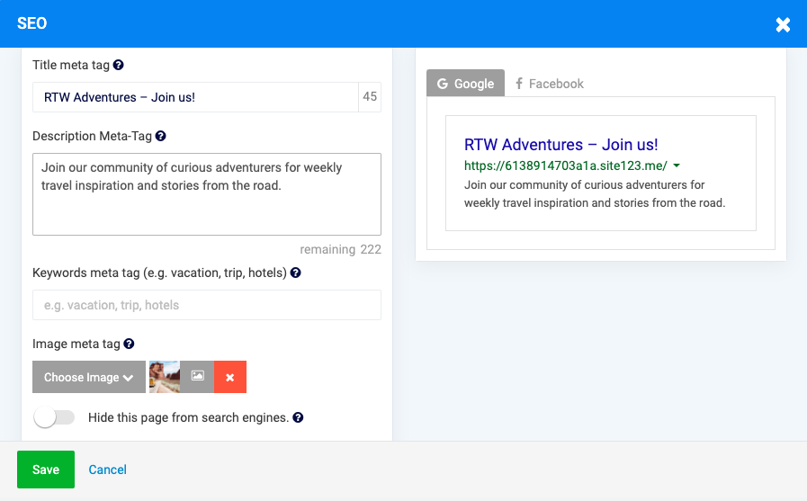 Screenshot of the meta detail editing options in Site123
