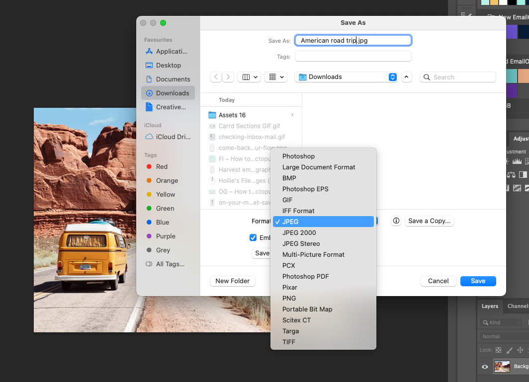 Example of the formats available when saving images