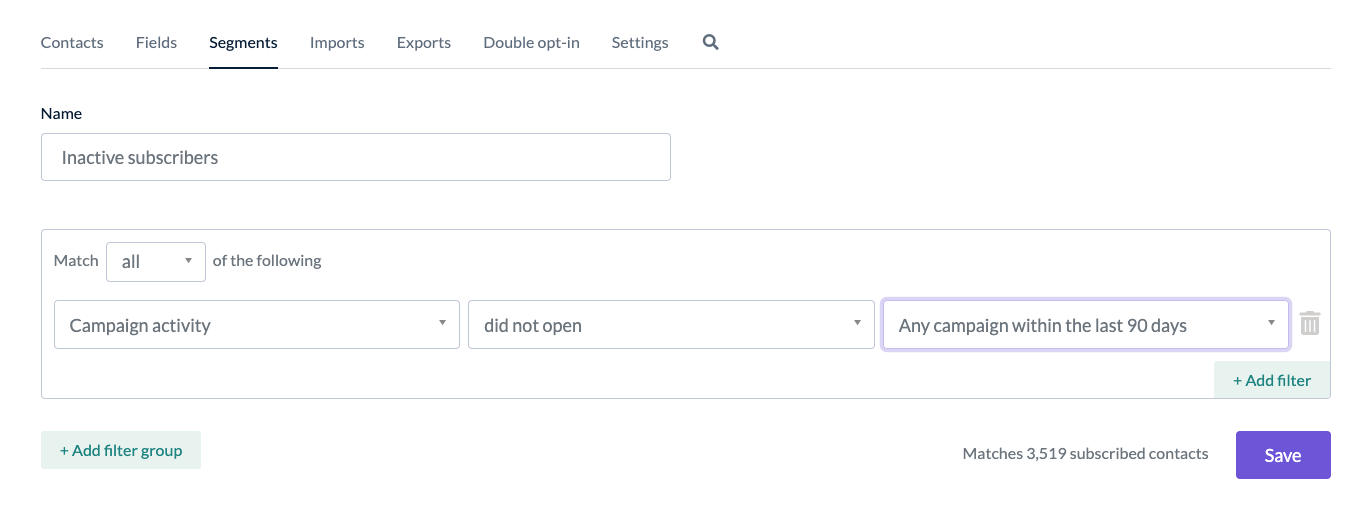 Screenshot of the segmentation feature in EmailOctopus