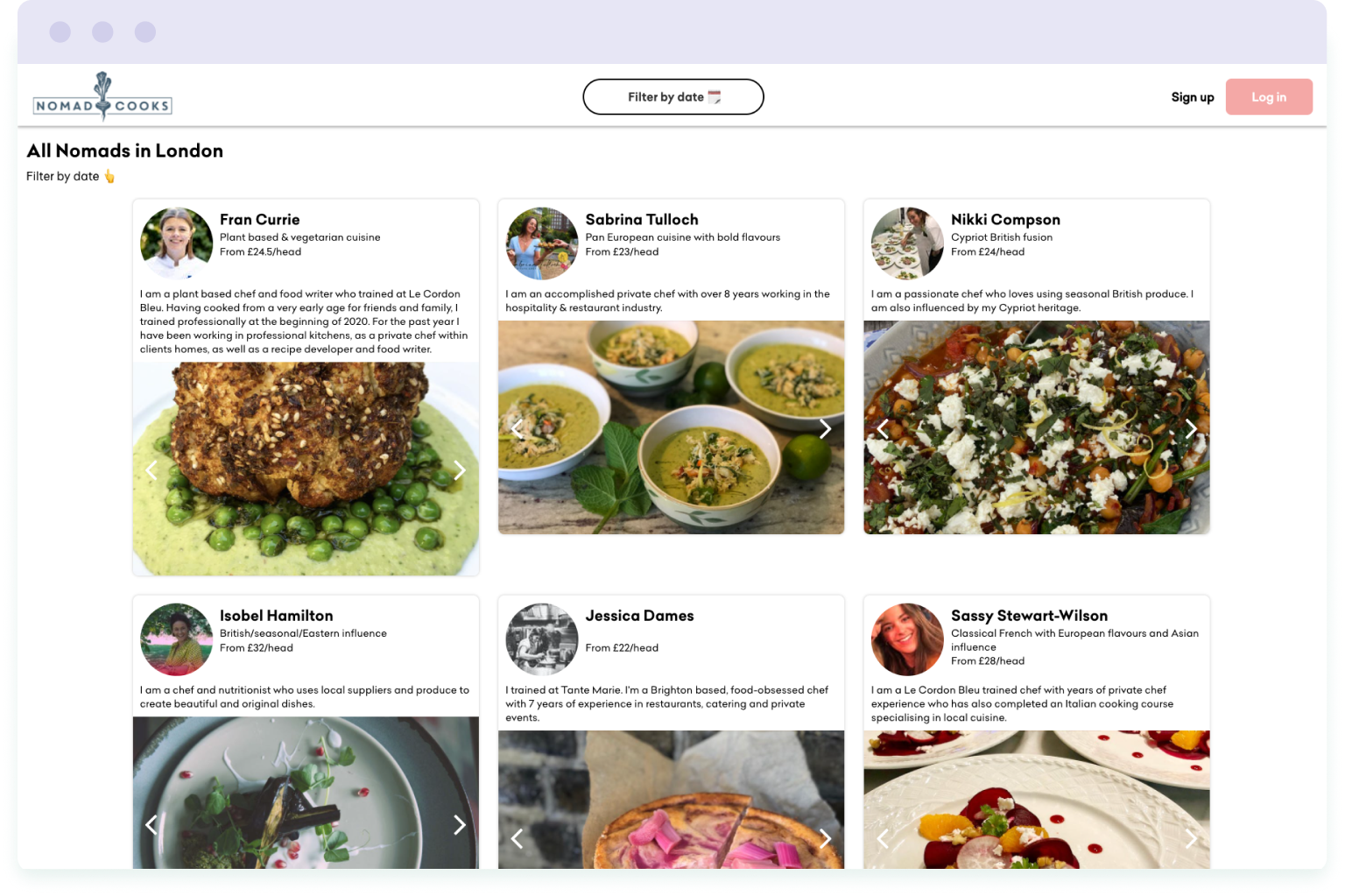 Search platform on the Nomad Cooks website that lets you find available private chefs in London