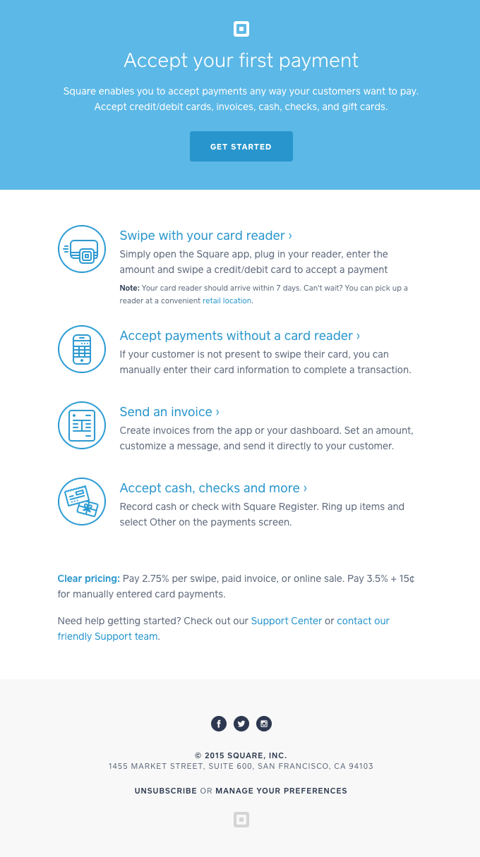 Second email in Square onboarding drip campaign