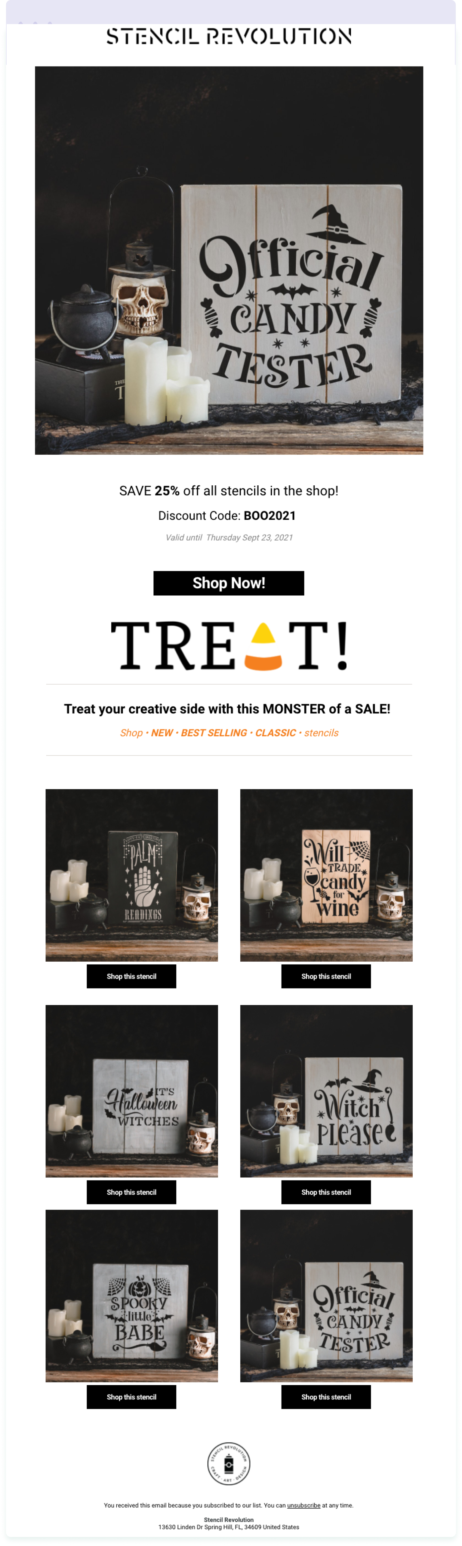 Example of a promotional email from Stencil Revolution – just one type of email you can send your audience when you