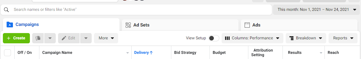 Image of Facebook Ads Manager to illustrate step 1 of creating a Facebook Lead Ad