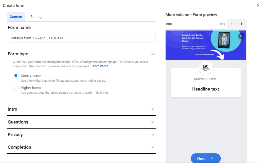 Image of Facebook Ads Manager to illustrate step 13 of creating a Facebook Lead Ad