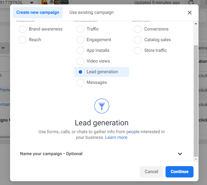 Image of Facebook Ads Manager to illustrate step 2 of creating a Facebook Lead Ad
