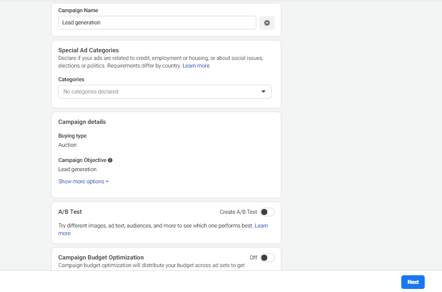 Image of Facebook Ads Manager to illustrate step 3 of creating a Facebook Lead Ad
