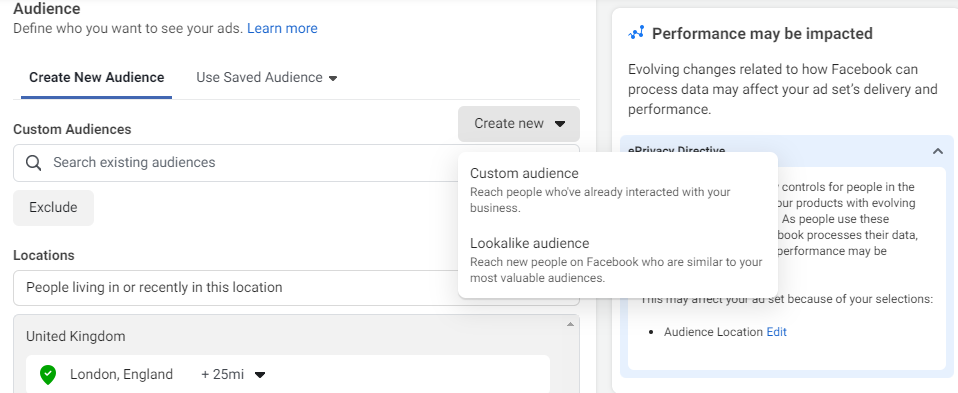 Image of Facebook Ads Manager to illustrate step 7 of creating a Facebook Lead Ad