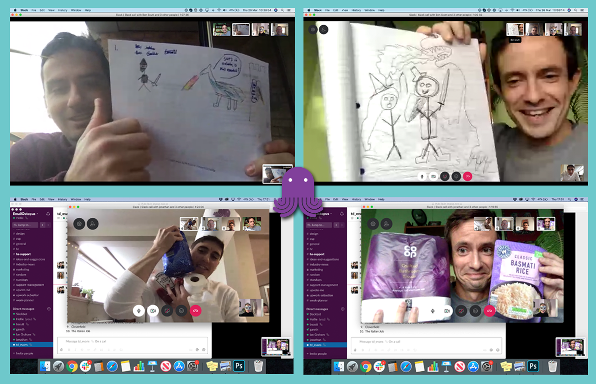 Screenshots of the EmailOctopus team participating in our first ever virtual pub quiz - one great way to have fun at work remotely
