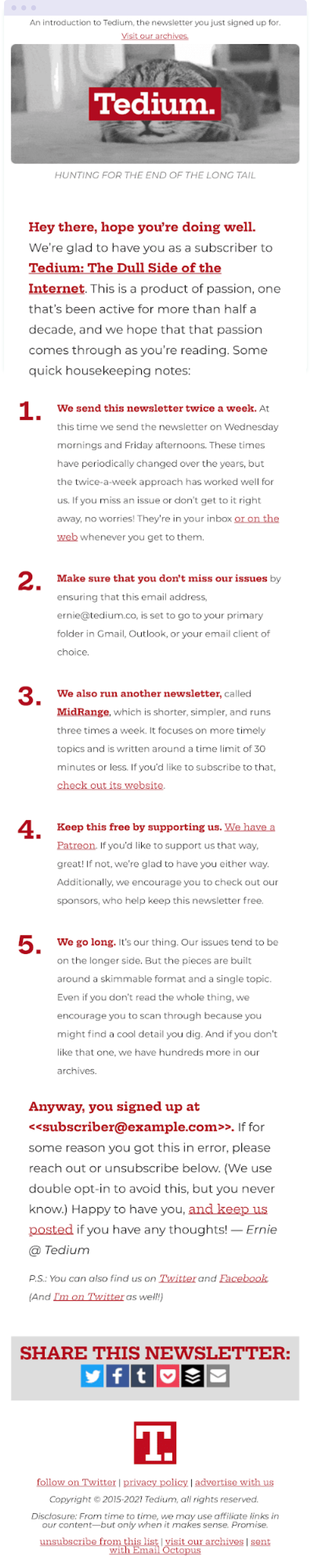 Example of a welcome email from the blog Tedium