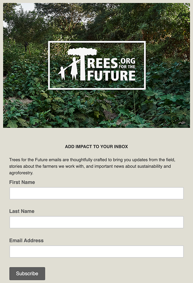 Image of Trees for the Future email updates sign-up form.