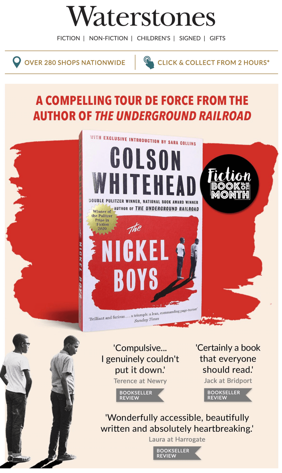 Image of an email campaign by Waterstones with links to their social media in the footer.