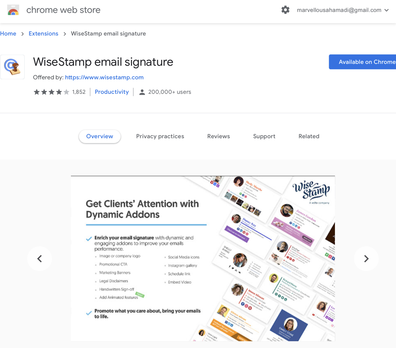 Screenshot of the WiseStamp email signature extension available in the Google Chrome web store