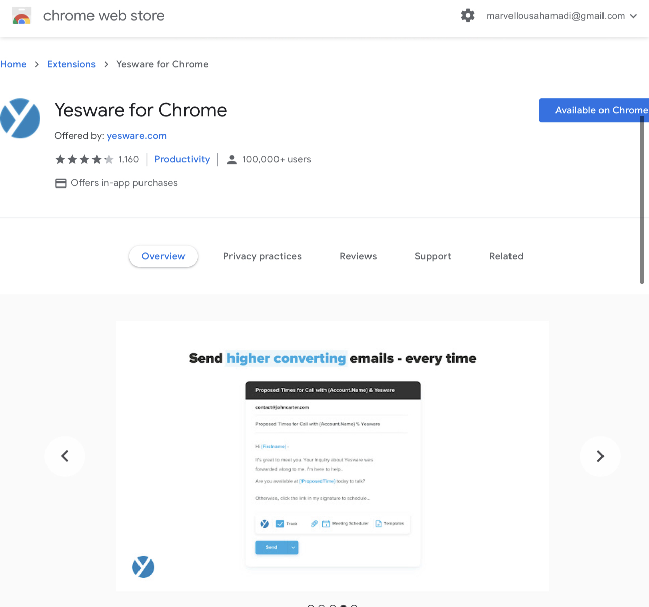 Screenshot of the Yesware email marketing extension available for Gmail in the Google Chrome web store