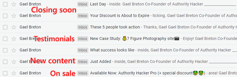 Authority Hacker's email sales launch sequence as seen in the inbox