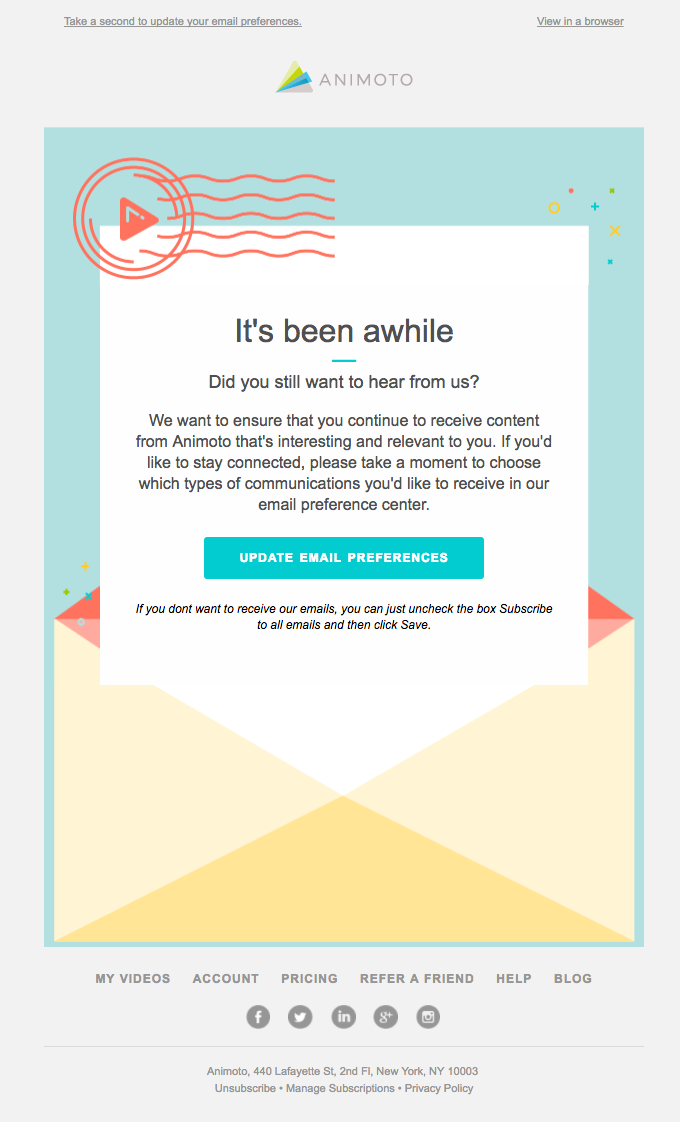 Re-engagement email sent by Animoto – this is an example of using segmentation by campaign activity