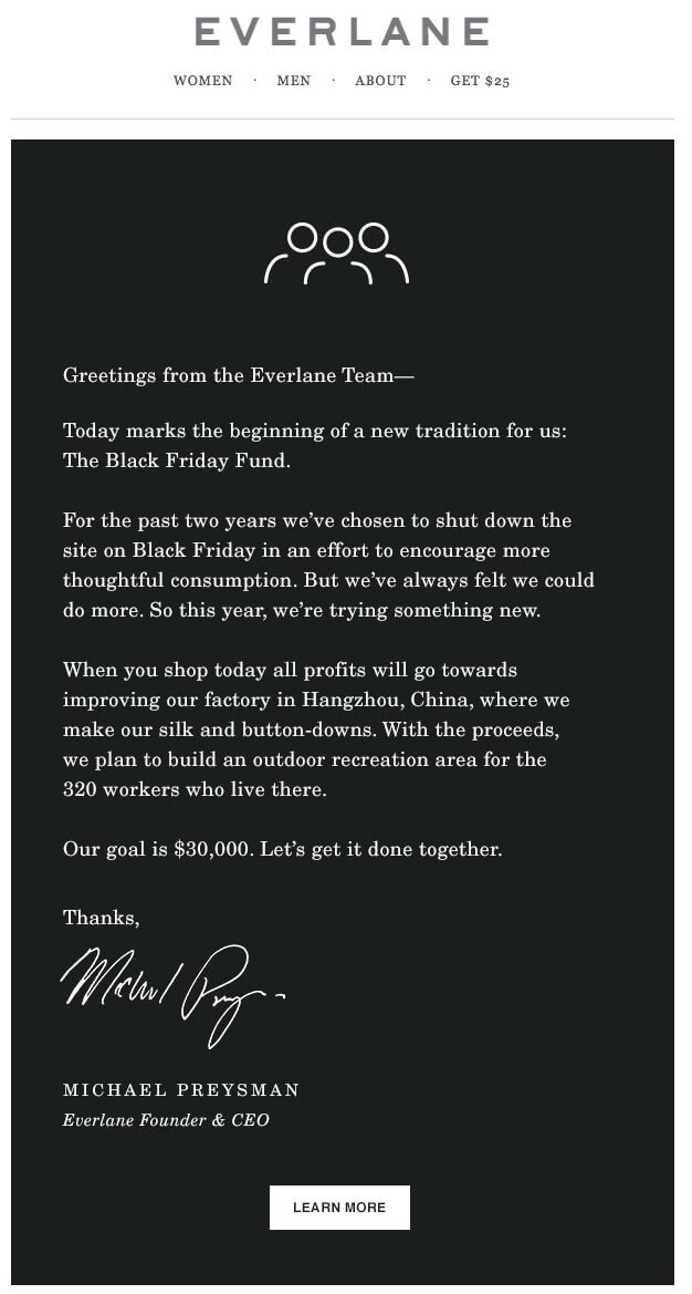 An example of an alternative Black Friday email sent by clothing brand Everlane