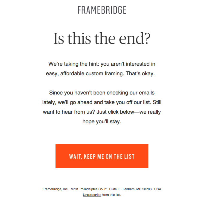 Screenshot of a re-engagement email from Framebridge. 