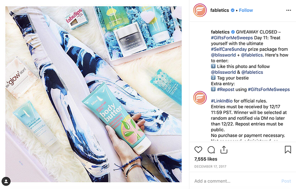 Example of an Instagram contest as a tactic for growing the Fabletics mailing list