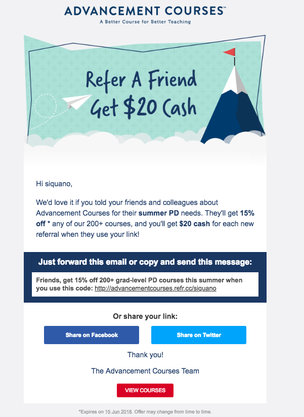 Example of a well-designed referral email from Advancement Courses