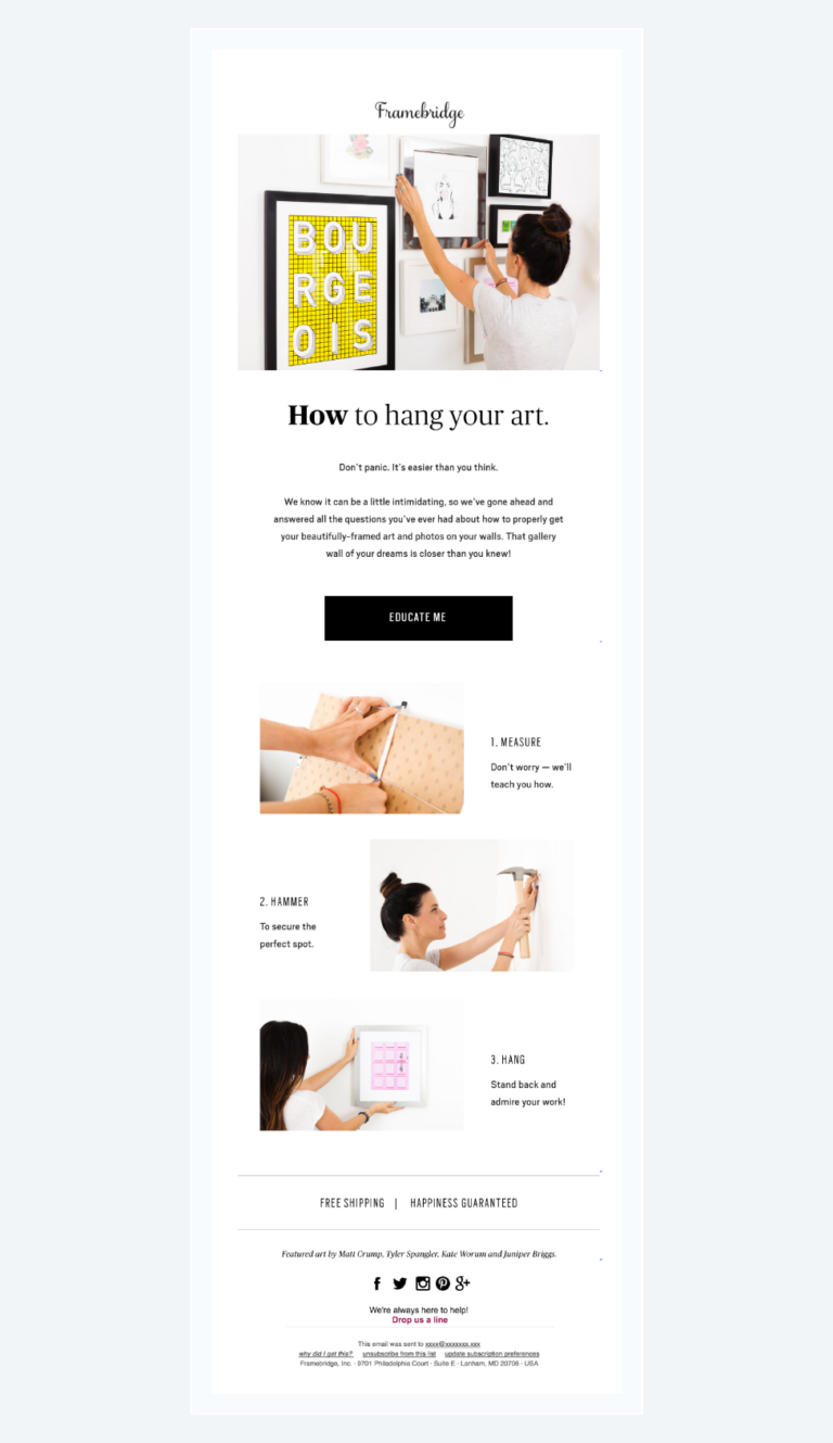 Example of an educational email from eCommerce brand Framebridge – this shows how businesses can retain customers using email marketing, which is one reason why it's so important