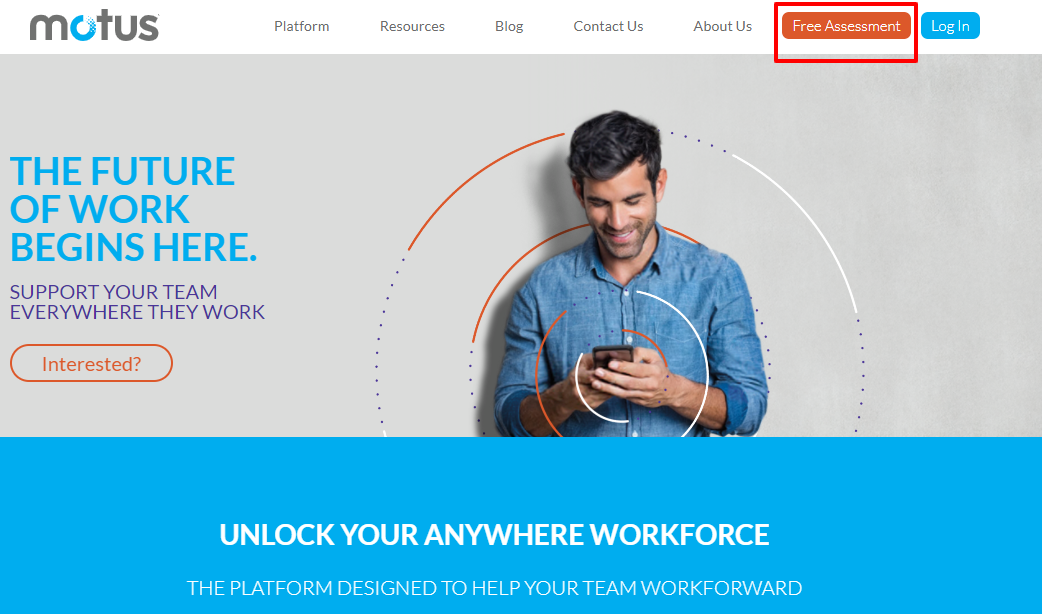 Screenshot of the Motus website homepage where they promote their free online assessment