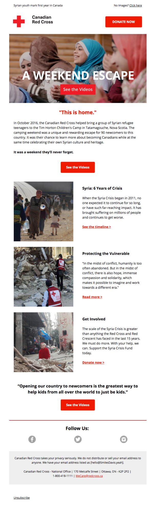 Example of storytelling used in an email marketing campaign from the Canadian Red Cross