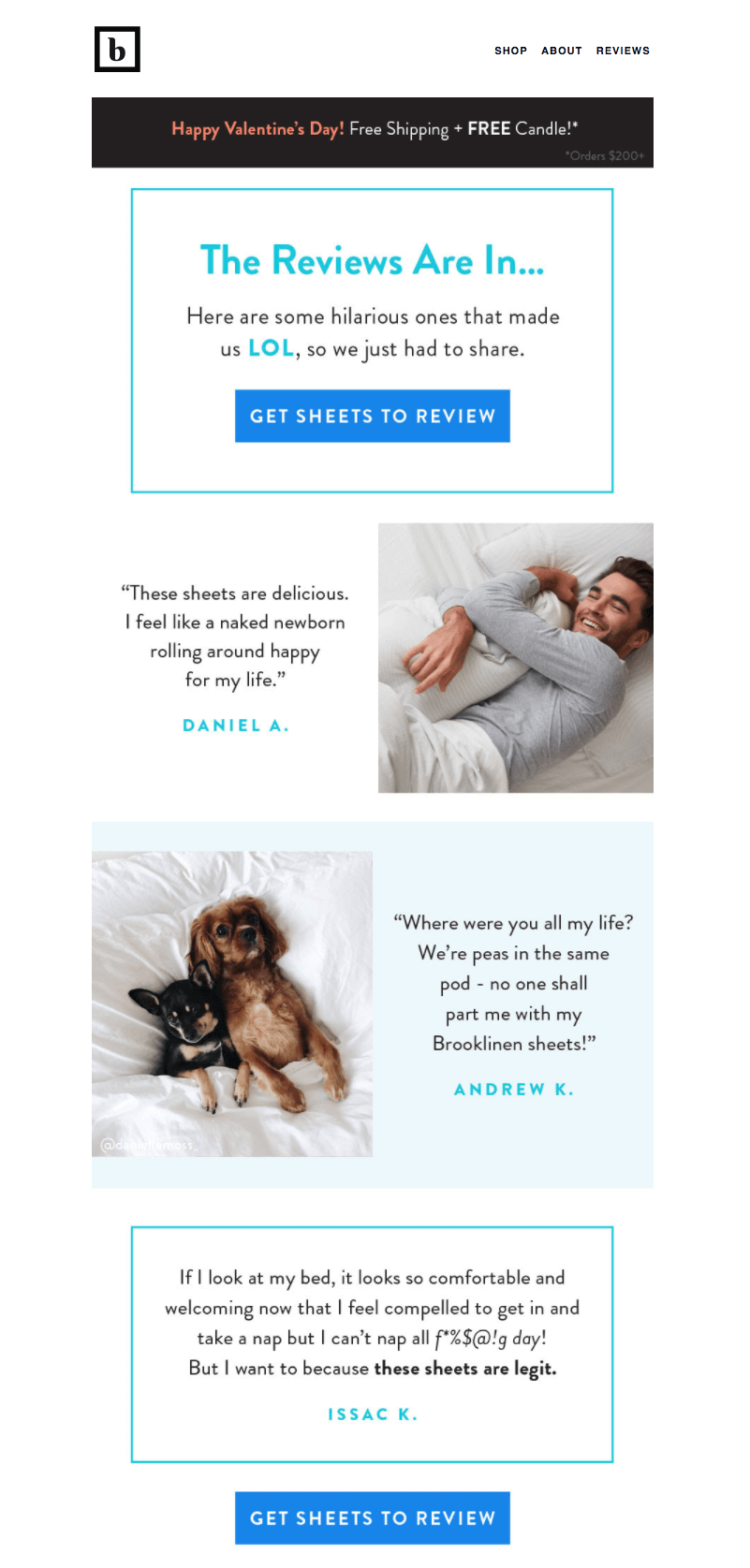 Another example of a brand using images and customer testimonials as user-generated content in their email marketing