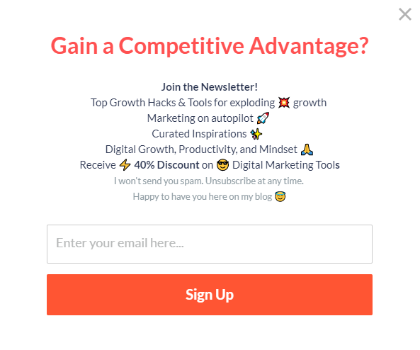 Example of a pop-up form that explains the benefit of signing up to the newsletter