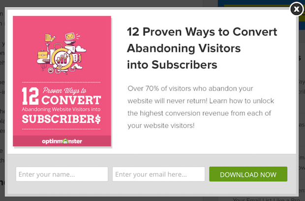 Example of a pop-up form promoting a lead magnet as a tactic for growing your email list from zero