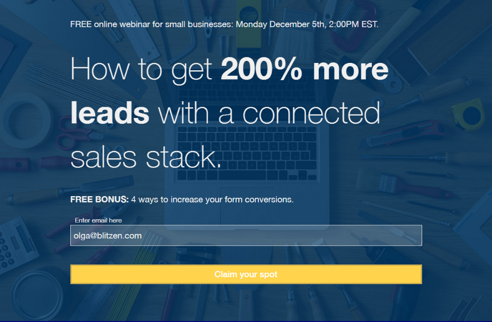 Example of a landing page promoting a webinar