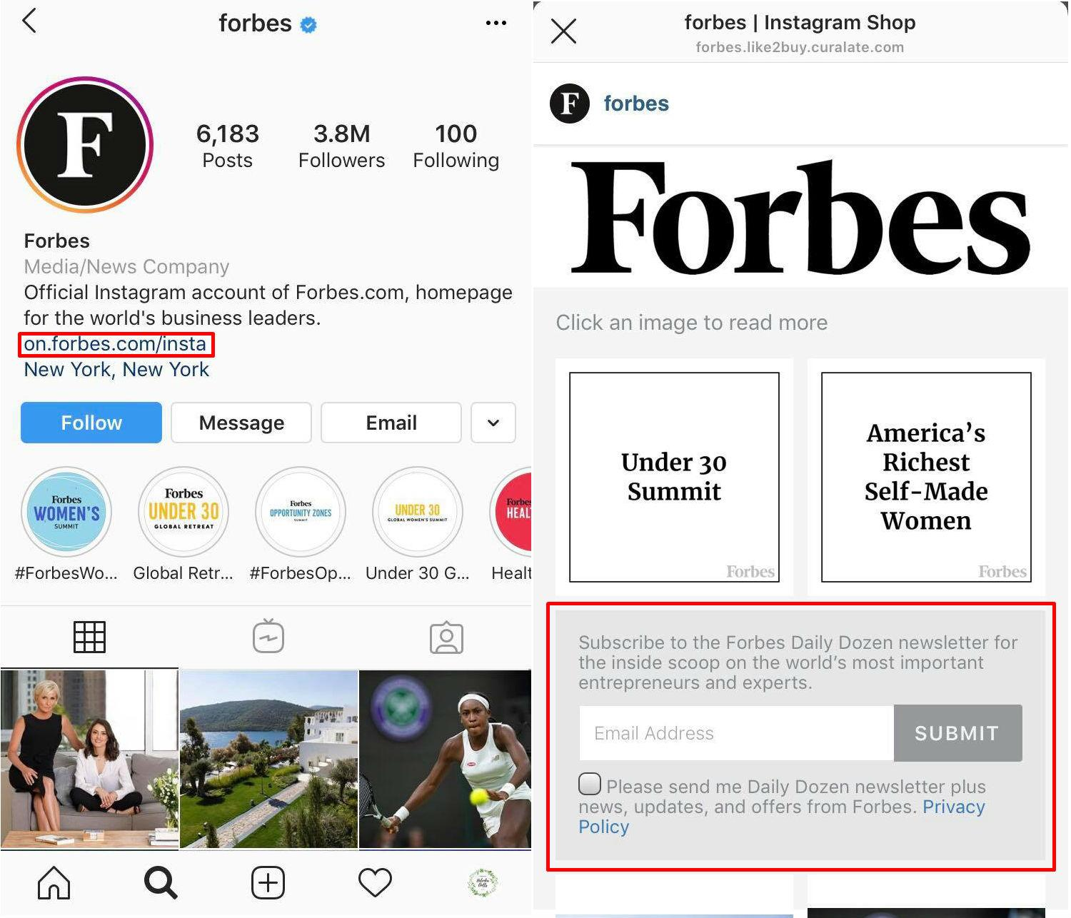 Example of how to use your Instagram bio to link to your sign-up page and grow your mailing list