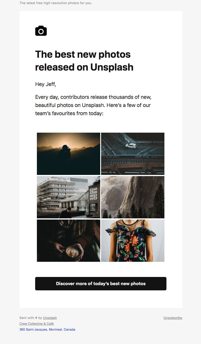 Example of a good newsletter from Unsplash using UGC