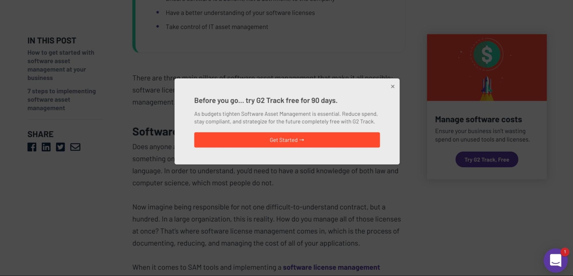 Example of an exit intent pop-up form used on the G2 Track website as part of their lead capture strategy