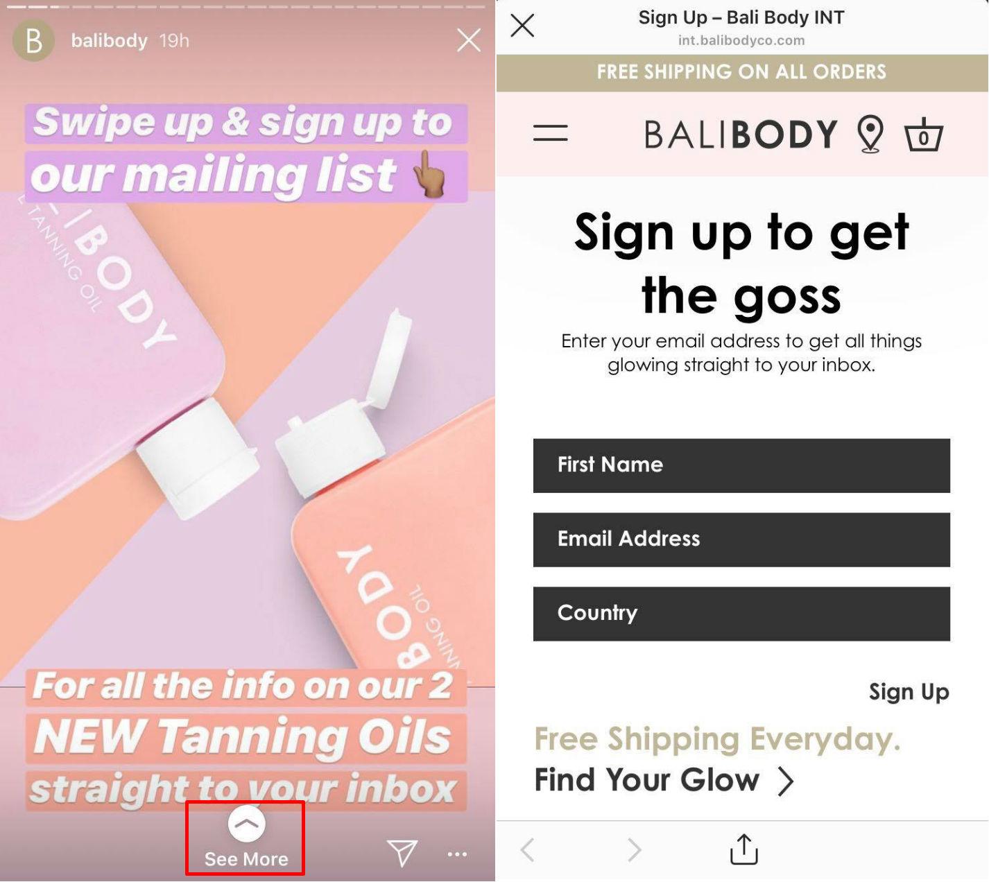 Example of a brand using Instagram Stories to grow their email list via social media