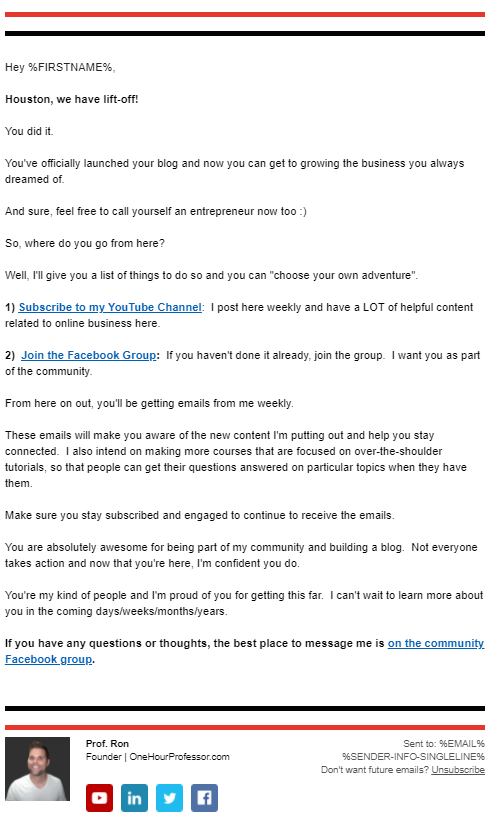 Example of a lead nurturing email sent by the blogger behind OneHourProfessor.com