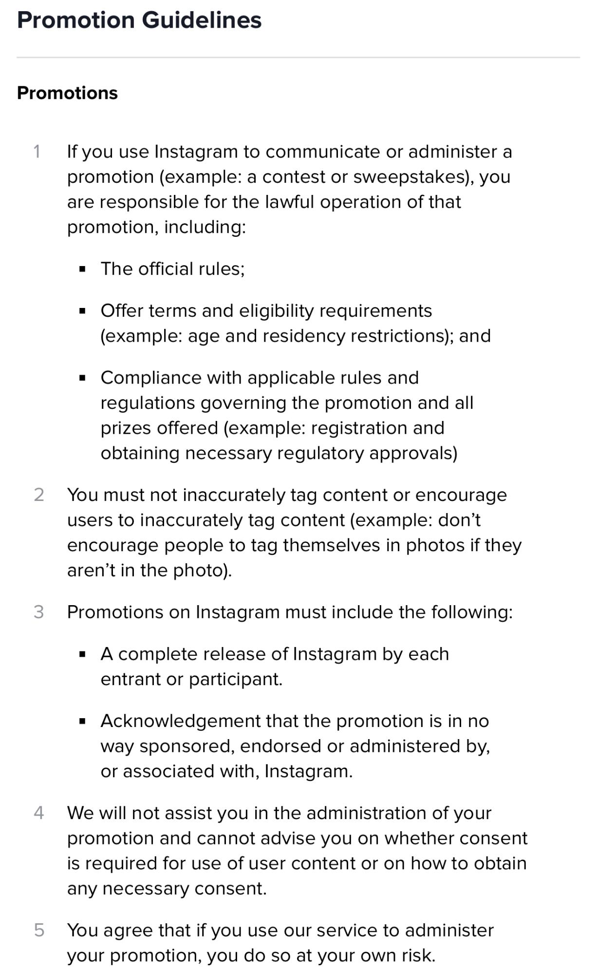 The promotional guidelines from Instagram