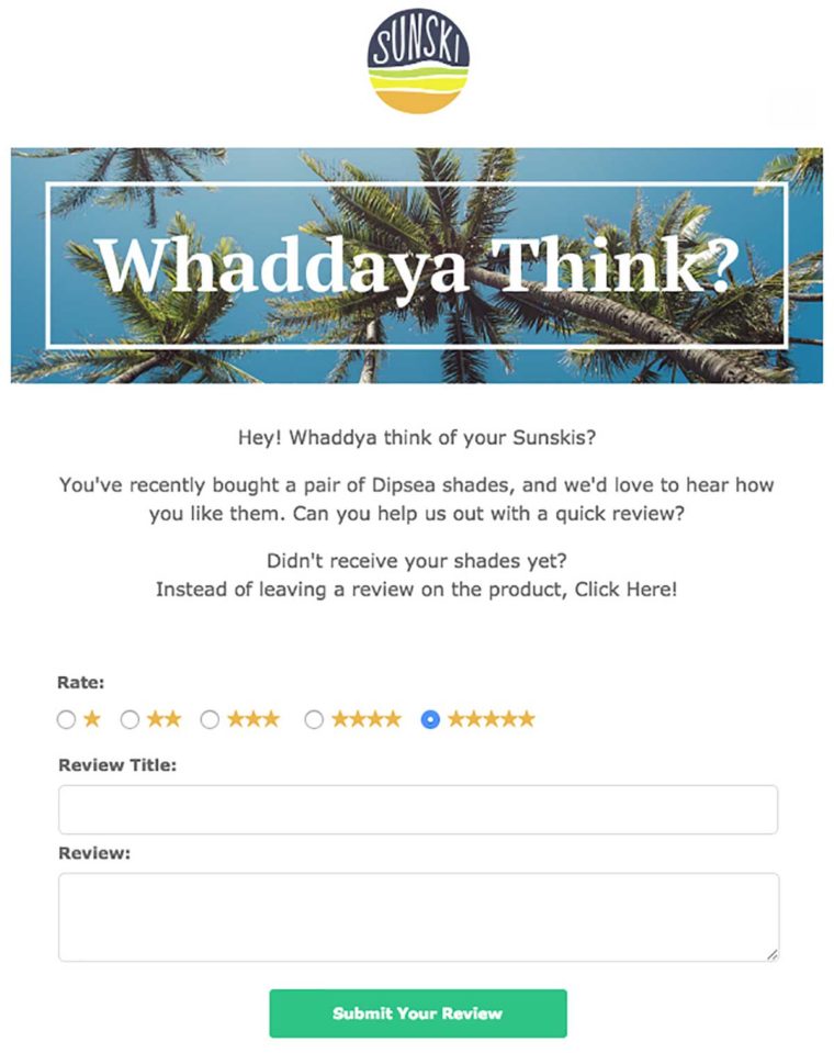 Example of a survey email sent by sunglasses brand Sunski – asking customers for feedback is a good retention strategy