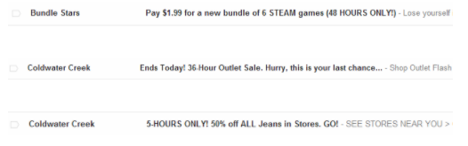 Examples of scarcity tactics used in the subject lines of different email marketing campaigns