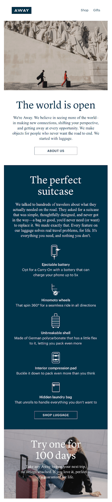 Example of storytelling in an email campaign from AWAY