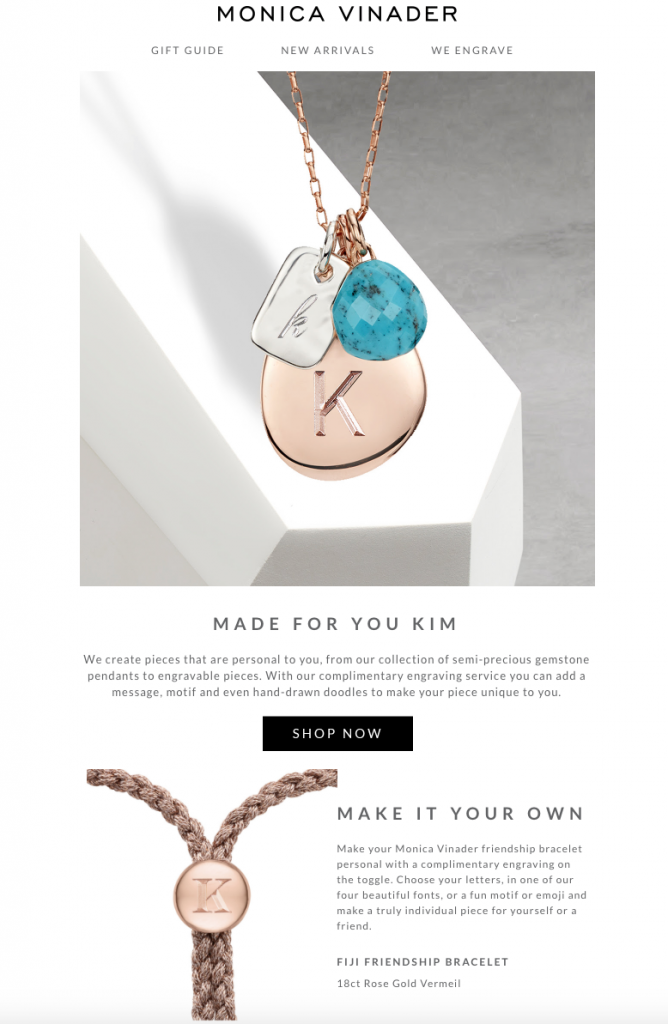 Example of personalisation in an email campaign from jewellery brand Monica Vinader