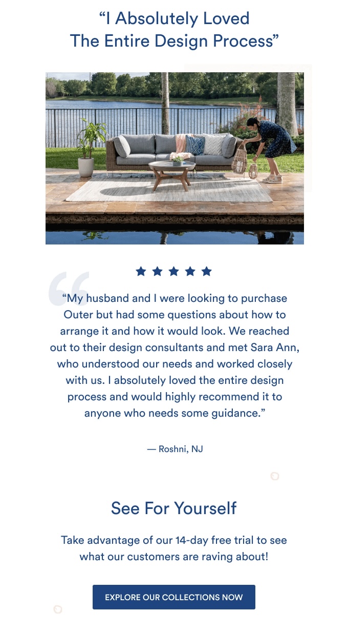 Example of a brand combining images and customer testimonials as user-generated content in an email marketing campaign