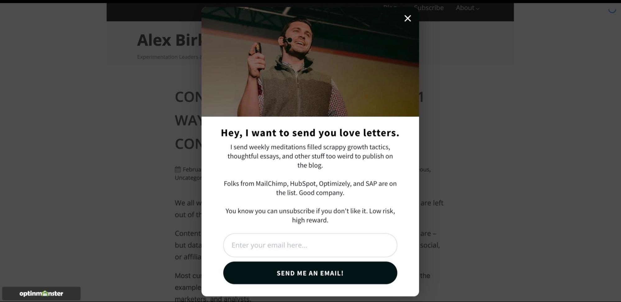 Example of a pop-up form used on Alex Birkett's website as part of his lead capture strategy