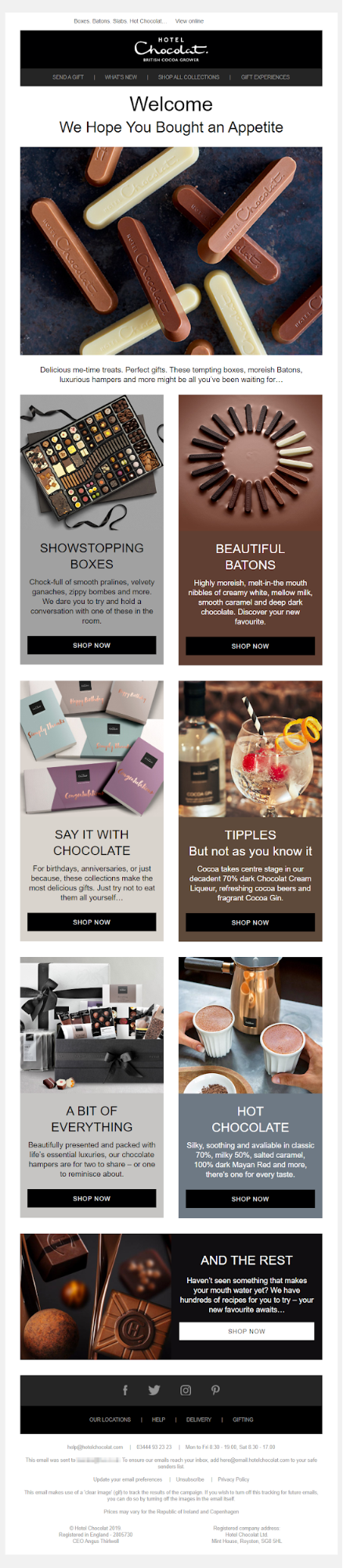 An email sent by Hotel Chocolat as part of a segmentation experiment to drive more website revenue