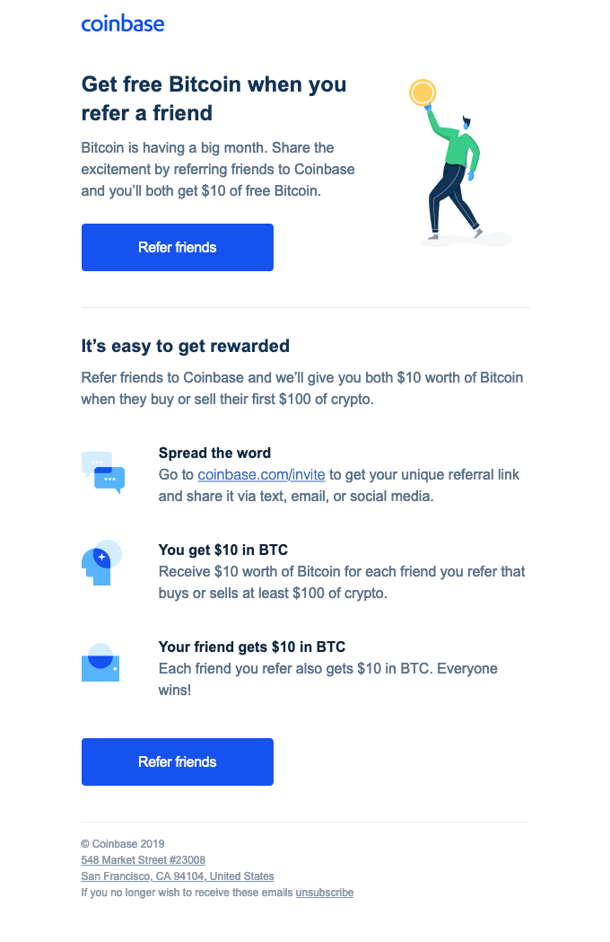 Example of a well-designed referral email from Coinbase