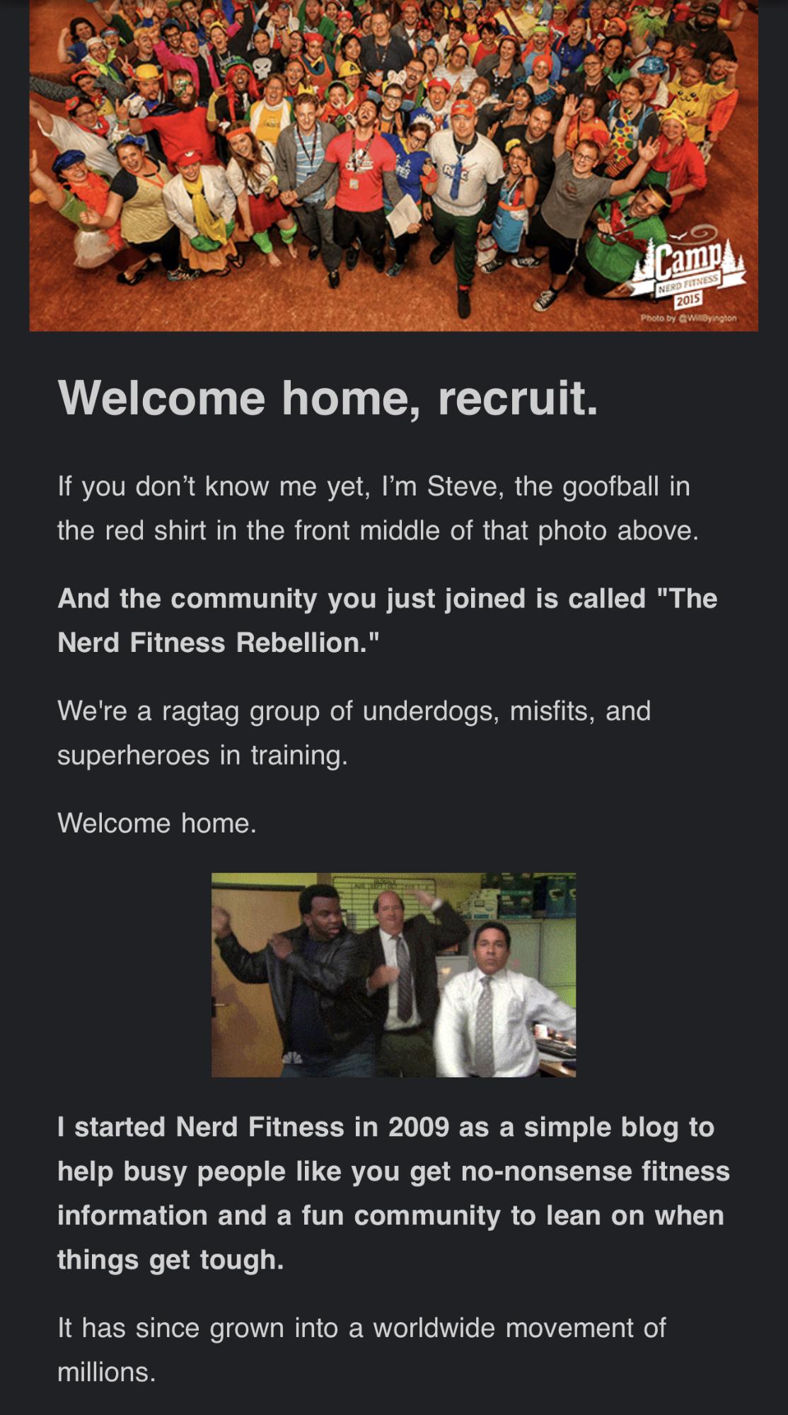 Example of a welcome email where origin storytelling is used to humanise the Nerd Fitness brand