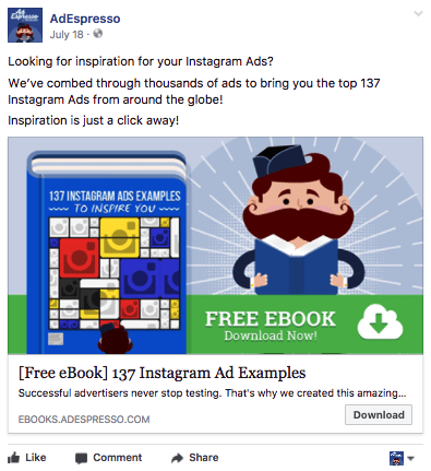 A screenshot of an ad by AdEspresso using a free ebook as a lead magnet on Facebook to gain sign-ups.