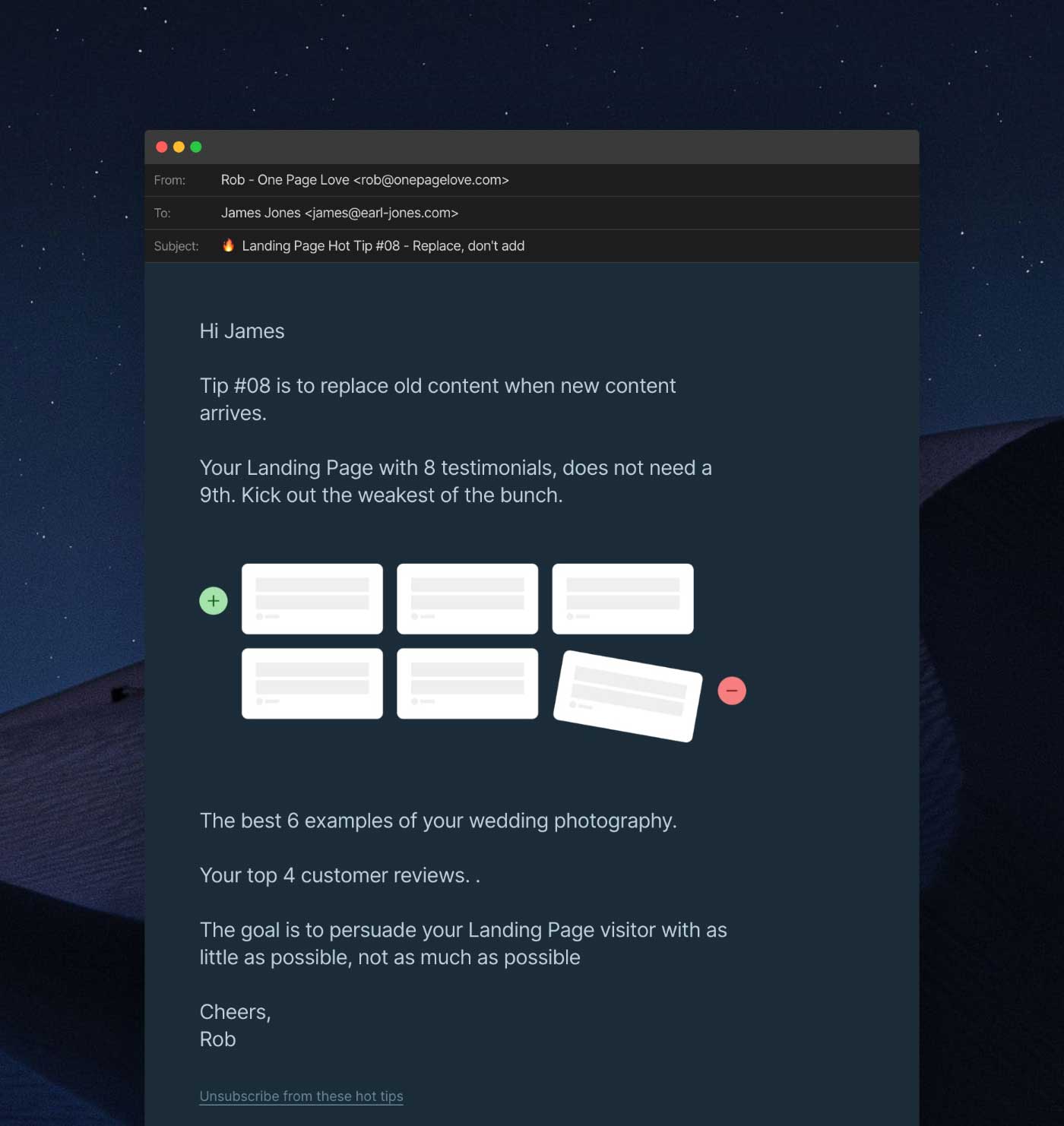 A section of the newsletter landing page on the One Page Love website showing a preview of an email