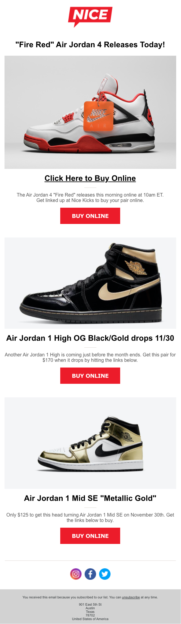 Example of an email sent by Nice Kicks that could be used to segment subscribers based on campaign activity