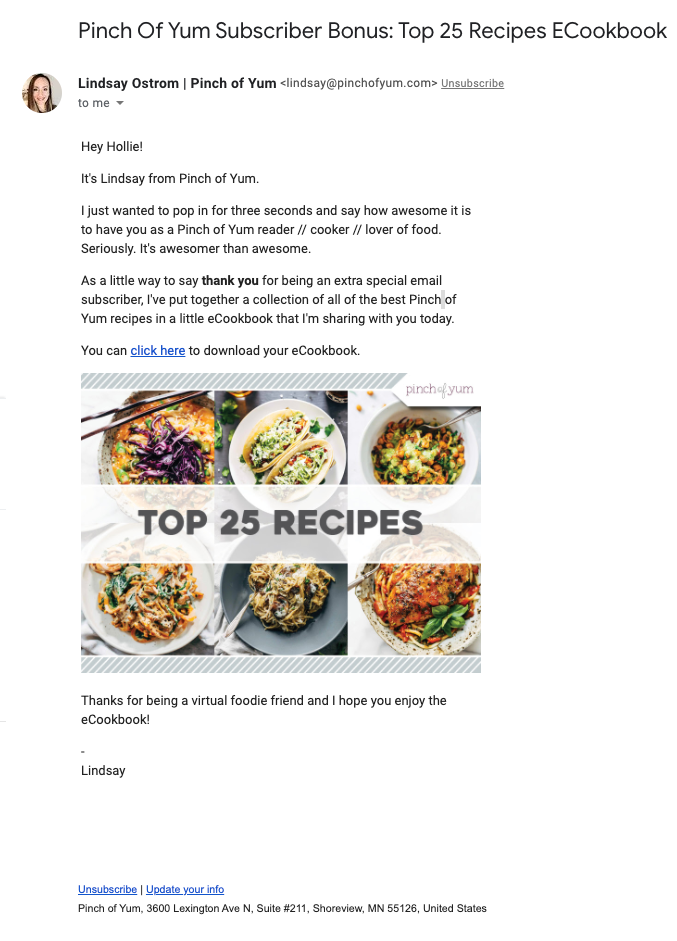 Welcome email from food blog Pinch of Yum